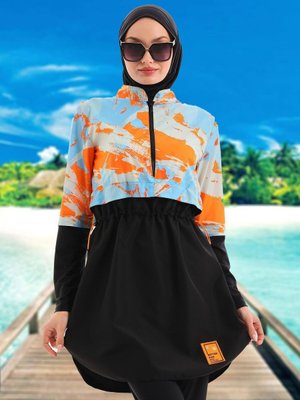 Turuncu Mavi Jileli Parça Tam Kapalı Mayo