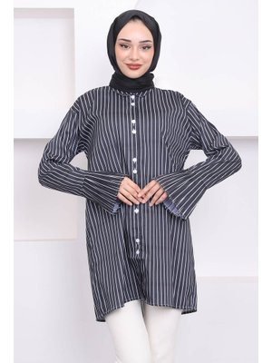 Siyah Çift Düğmeli Çizgili Kol Piliseli Tunik Siyah Çift Düğmeli Çizgili Kol Piliseli Tunik