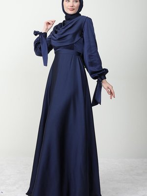 Kol Bağlamalı Degaje Abiye Elbise Lacivert