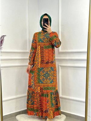 Etnik Desen Yazlık Viskon Elbise Turuncu