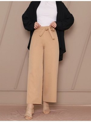 Sütlü Kahve Bel Lastikli Kuşaklı Bol Paça Likralı Pantolon