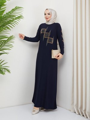 Kadın Sandy Lacivert Önü Ve Kolları Dms Taş Detaylı Tesettür Işıl Elbise