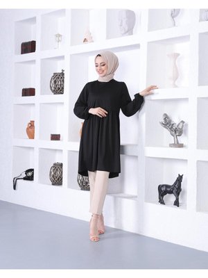 Kol Uçları Lastikli Tunik Siyah