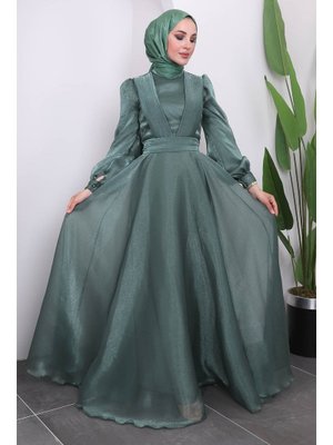 Haki Yaka Bel Piliseli Tül Şifon Abiye Elbise Haki Yaka Bel Piliseli Tül Şifon Abiye Elbise