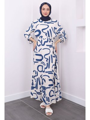 İndigo Desenli Kol Lastikli Viscon Elbise