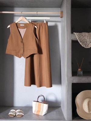 Acı Kahve Keten Yelek Etek Takım