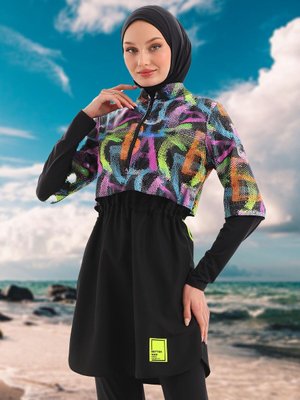 Pastel Siyah Jileli Parça Tam Kapalı Mayo