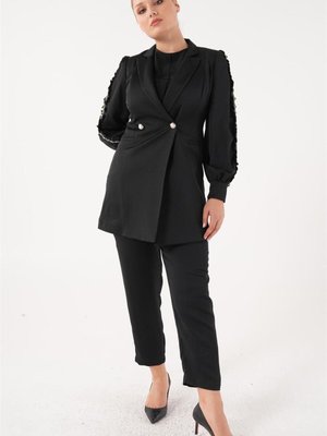 Kolları Işlemeli Ceket Pantolon Siyah İkili Takım Kolları Işlemeli Ceket Pantolon Siyah İkili Takım