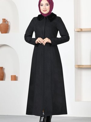 Kürklü Kaşe Kaban Siyah