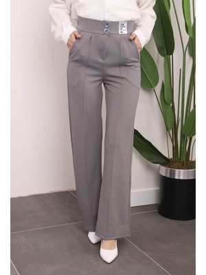 Gri Ön Çimalı Cepli Armalı Bol Paça Pantolon