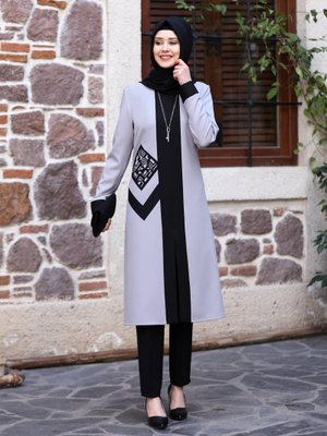 Gri Beyza Tunik & Pantolon İkili Abiye Takım Gri Beyza Tunik & Pantolon İkili Abiye Takım