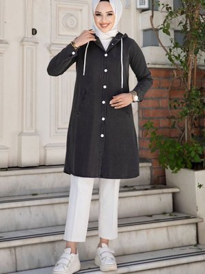 Boydan Düğmeli Kapüşonlu Kot Tunik