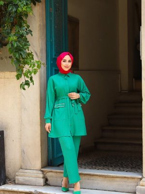 Cepleri İnci Detaylı Kuşaklı İkili Takım