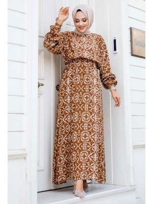 Yarasa Kol Beli Lastikli Desenli Viskon Elbise
