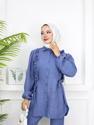 Keten 2'li Takım, Fırfır Detay, Belden Büzgülü Tunik Ve Pantolon