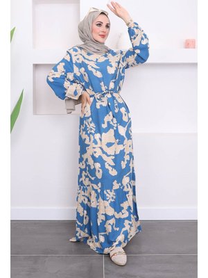 İndigo Büyük Beden Desenli Kuşaklı Viscon Elbise