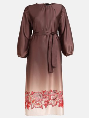 Bej Kahve Degrade Desenli Büyük Beden Elbise