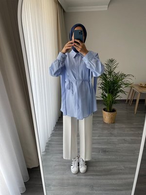 Pile Detay Gizli Düğme Bel Bağlamalı Tesettür Gömlek