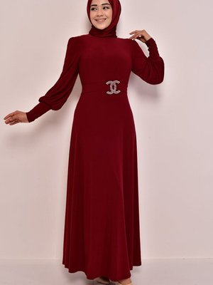 Taş Tokalı Candy Abiye Elbise Bordo