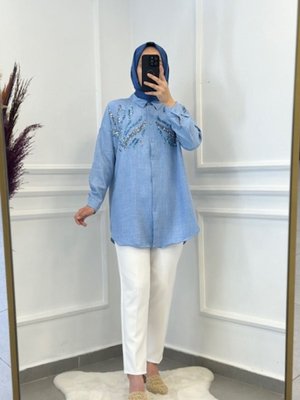 Pul İşlemeli Yazlık Gömlek Mavi Pul İşlemeli Yazlık Gömlek Mavi