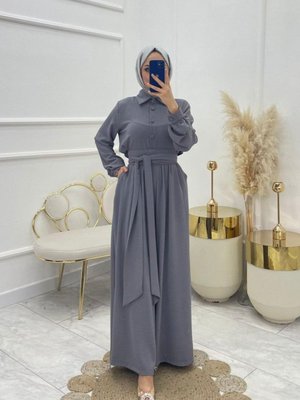 Kadın Kuşaklı Gömlek Yaka Salaş Tesettür Tulum Kadın Kuşaklı Gömlek Yaka Salaş Tesettür Tulum