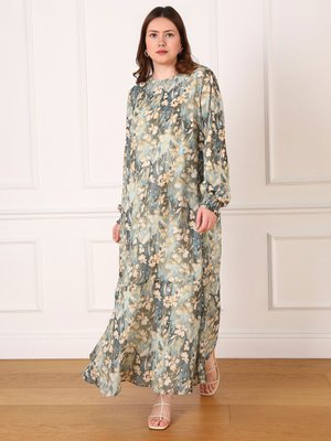 Turkuaz Büyük Beden Çiçek Desenli Şifon Elbise