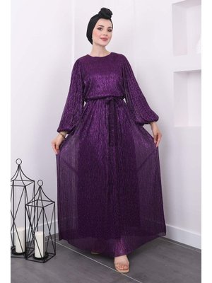 Mor Balon Kol Kuşaklı Abiye Elbise