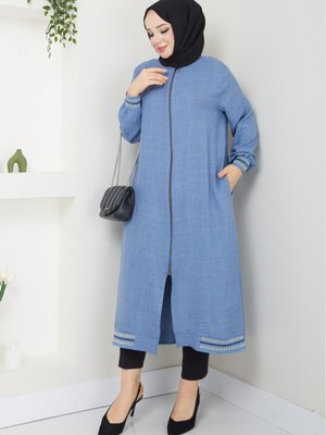 Sofya Keten Kumaş Fermuarlı Yuvarlak Yaka Tunik Mavi Tunik Boy:
