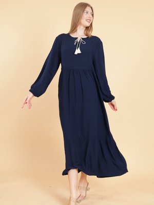 Lacivert Uzun Kol Tam Boy Bordo Dokuma Elbise