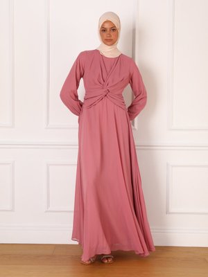 Koyu Gül Düğüm Detaylı Şifon Abiye Elbise