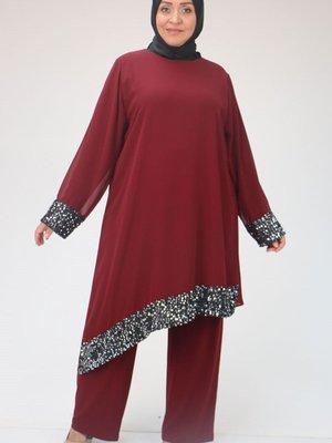 Bordo Büyük Beden Pul Payet Şifonlu Pantolonlu Takım Bordo Büyük Beden Pul Payet Şifonlu Pantolonlu Takım