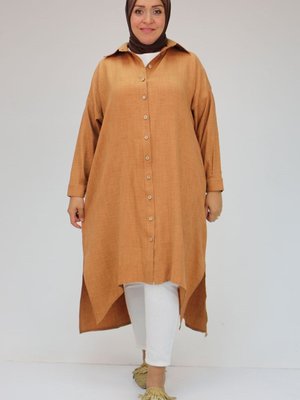 Kahverengi Büyük Beden Yanı Yırtmaçlı Keten Tunik
