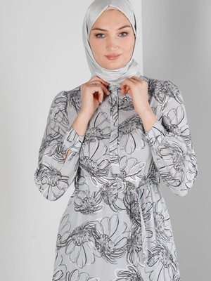 Çiçek Desenli Manşetleri Bağlamalı Krep Elbise Çiçek Desenli Manşetleri Bağlamalı Krep Elbise