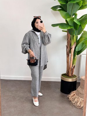 Pamuk Keten Kolu Taşlı Takım Gri Pamuk Keten Kolu Taşlı Takım Gri