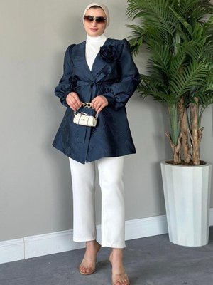 Ferda Yakası Güllü Balon Kol Ceket Lacivert