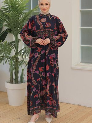 Armine Trend Desenli Uzun Elbise Siyah