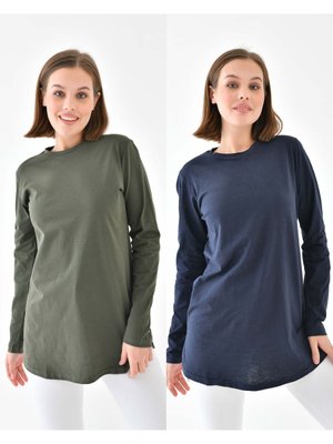 2’li Paket İnce Terletmeyen Kumaş Basic Haki Ve Lacivert Tunik Ceket İçi Bluz Astar
