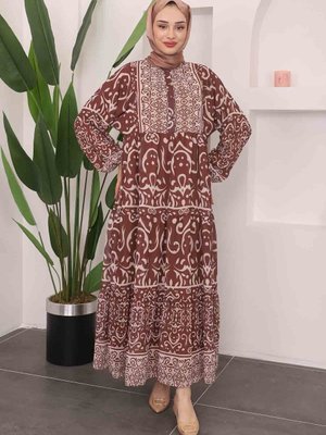 Kahverengi Desenli Kol Lastikli Şifon Elbise Kahverengi Desenli Kol Lastikli Şifon Elbise