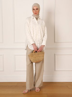 Beyaz Fisto Nakışlı Astarsız Bluz / Gömlek