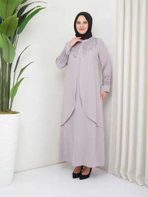 Anne Büyük Beden Yakası Ve Kolu Pırıltı Taş İşlemeli Abiye Elbise