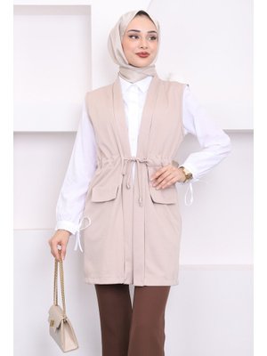 Bej Sahte Cepli Bel Bağlamalı Yelek Bej Sahte Cepli Bel Bağlamalı Yelek