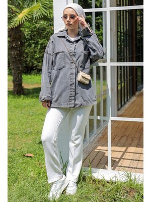 Antrasit Oversize Çift Cepli Kot Ceket