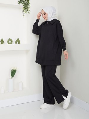 Paçası Yırtmaçlı Fermuar Yaka Detaylı Pantolonlu Takım Paçası Yırtmaçlı Fermuar Yaka Detaylı Pantolonlu Takım