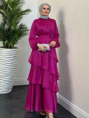 Funda Kat Kat Abiye Elbise Fuşya