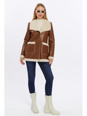 Kürk Detaylı Suni Deri Mont Kahverengi