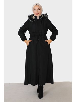 Siyah Tam Boy Pat Detaylı Mont