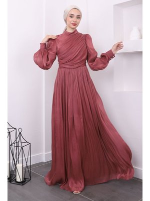 Nar Çiçeği Yaka Detaylı Balon Kol Abiye Elbise