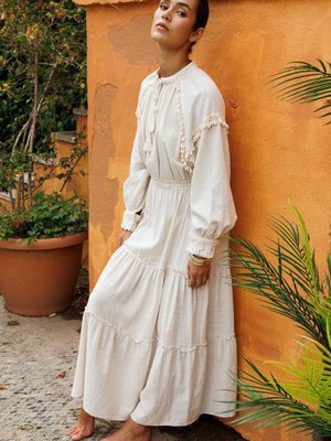 Deniz Kabuklu Naturel Keten Elbise