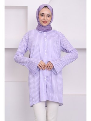 Lila Çift Düğmeli Çizgili Kol Piliseli Tunik Lila Çift Düğmeli Çizgili Kol Piliseli Tunik