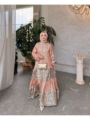 Turuncu Saten Desenli Elbise